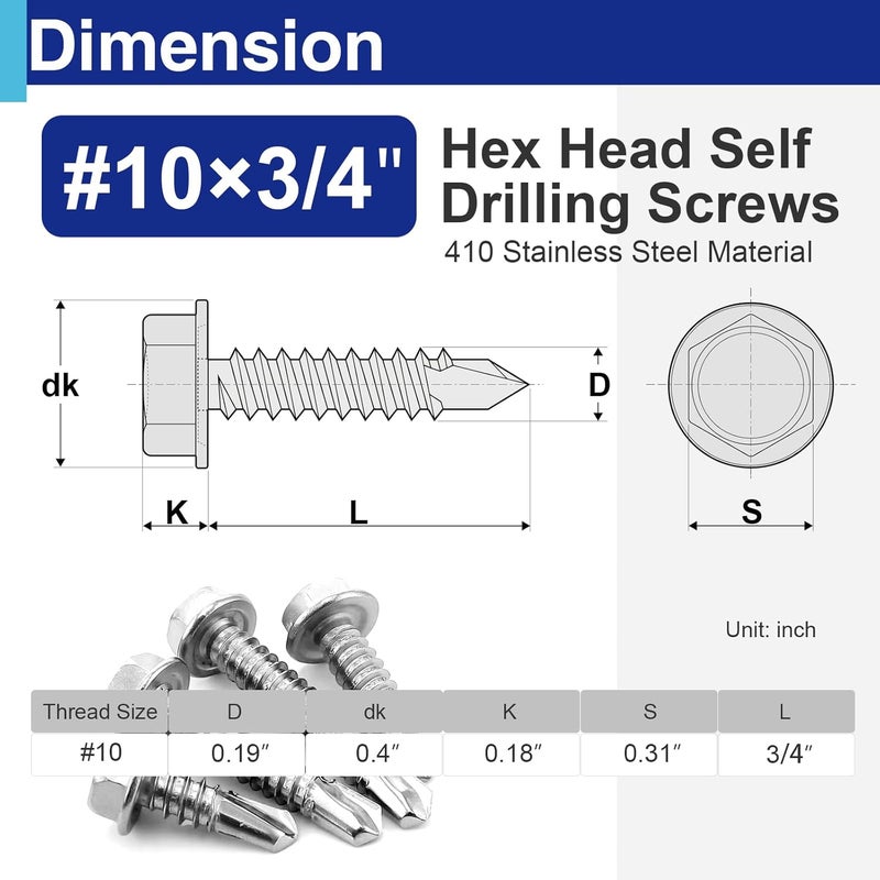 Usdrwam 70Pcs #10×3/4" Self Tapping Screws for Metal, 410 Stainless Steel Hex Washer Head Sheet Metal Screw - Image 2